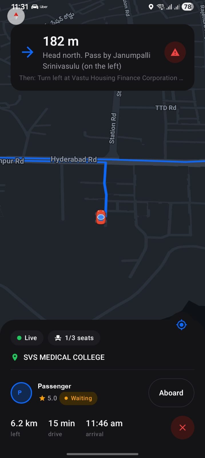 Live turn-by-turn navigation for the driver, with the passenger's pickup status and trip progress.