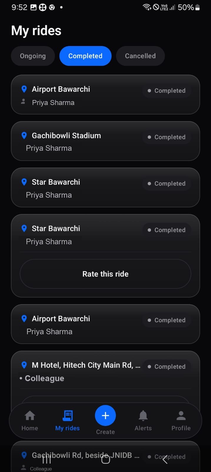 Chaloo ride history listing completed trips.