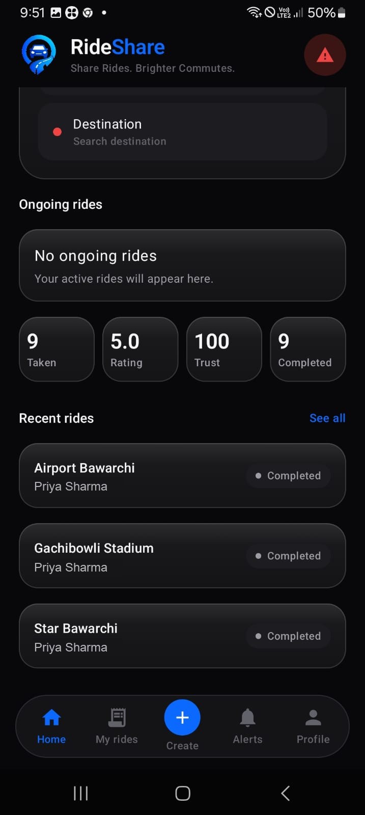 Chaloo passenger home screen with destination search, trip statistics and recent rides.