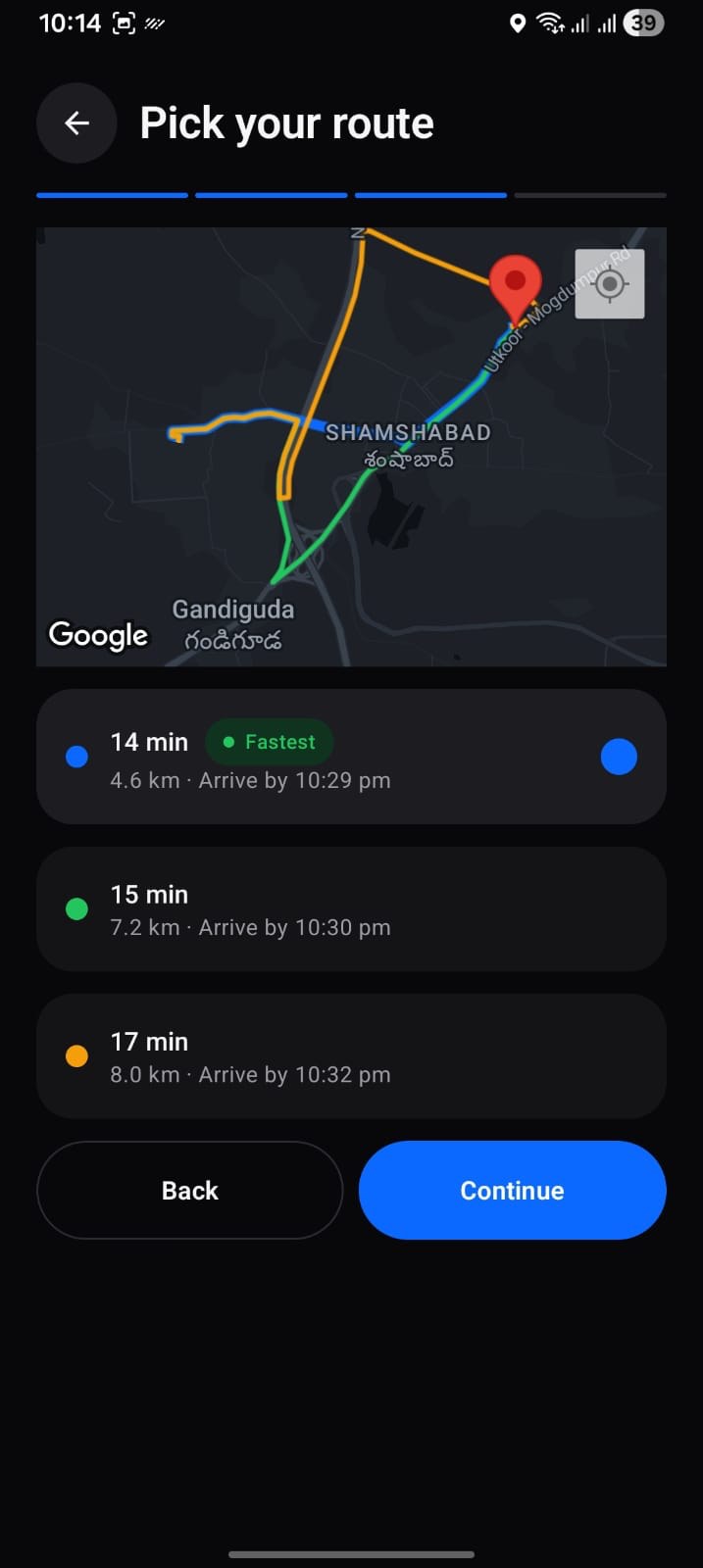 Chaloo route selection on a Google map, with three route options showing travel time, distance and arrival time.