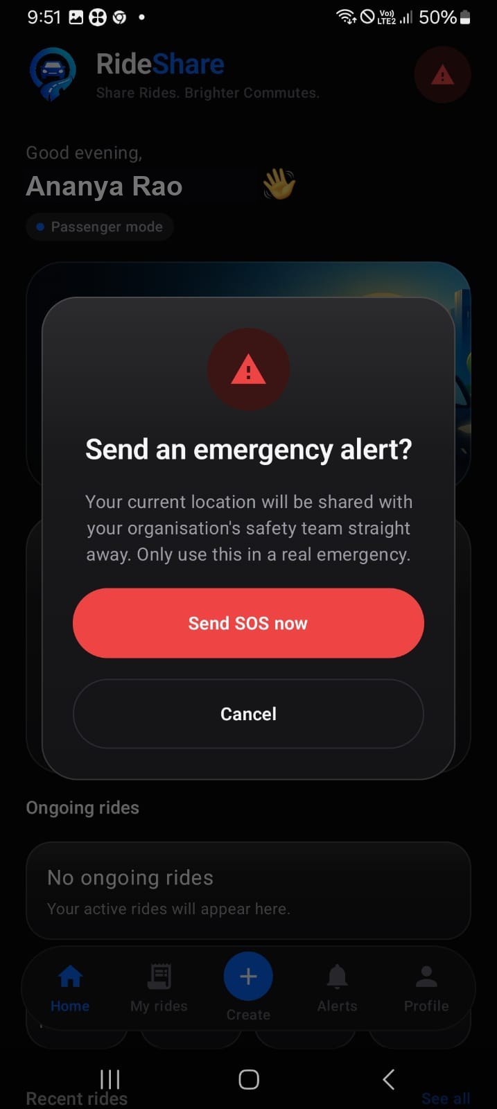 Chaloo emergency alert confirmation asking the user to send an SOS to their organisation's safety team.